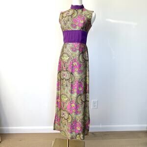 Vintage 60’s Paisley High Neck Psychedelic Maxi Dress Top Party Funky Mod